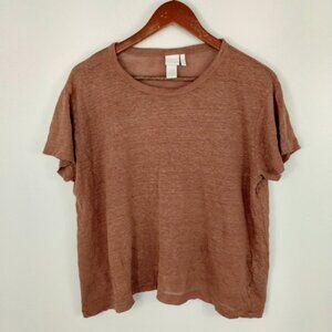 H&M Shirt Womens XL Brown Round Neck Short Sleeve 100% Linen Normcore